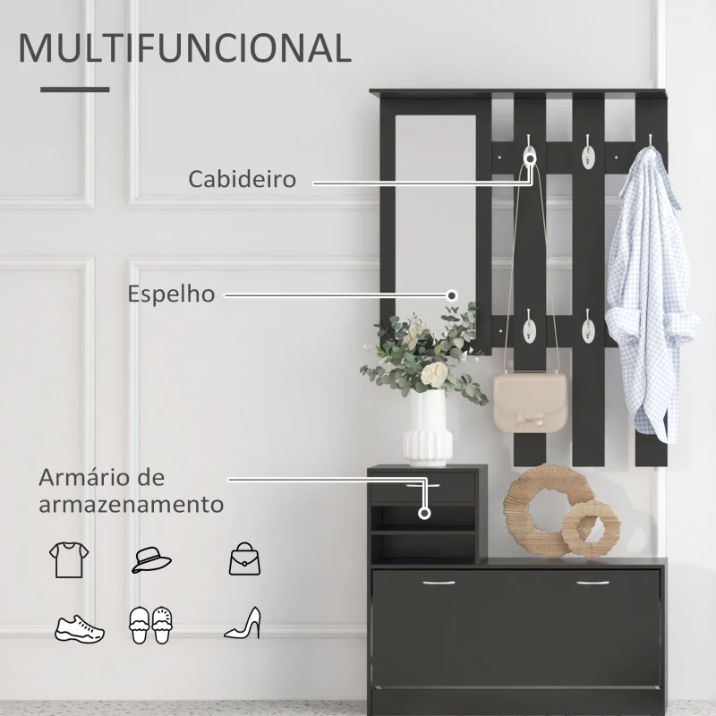 HOMCOM Móvel Cabide de Entrada  com Espelho Cabide e Sapateira Móveis de Entrada de 2 Peças com 6 Ganchos Preto