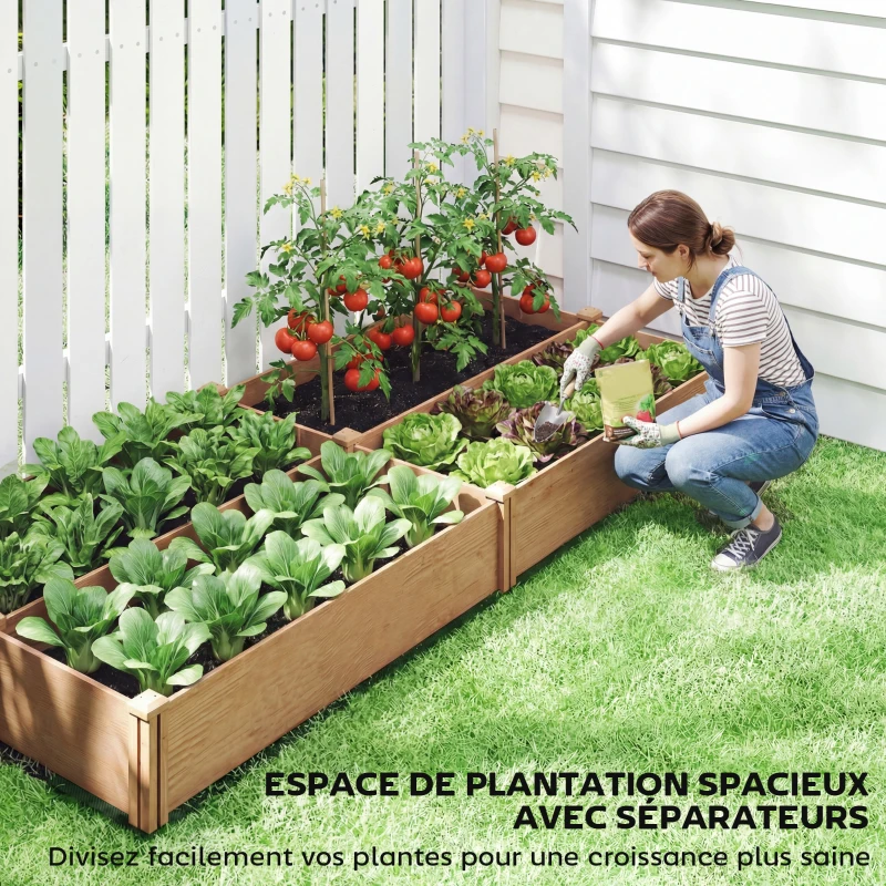 Outsunny Carré Potager en Bois Lit de Jardin Surélevé 4 Zones de Culture Fond Ouvert Montage sans Outil 234x109x25cm Marron Clair