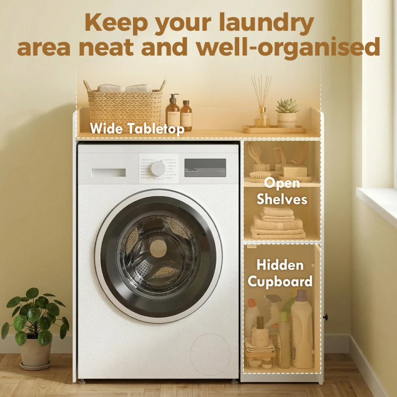 HOMCOM Kast boven de wasmachine met Soft-Close scharnieren, moderne badkamerorganizer boven toilet met open vakken