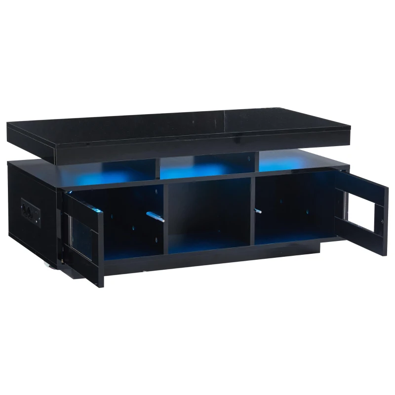 Tavolino da salotto a LED RGB con spazio portaoggetti aperto e chiuso, 100x50x43 cm, Nero