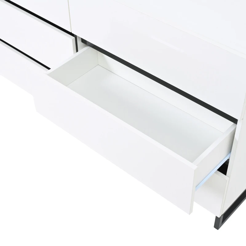 Madia per soggiorno con 6 cassetti, 3 gambe metalliche robuste, 140x39,5x78,5 cm, Bianco+Nero