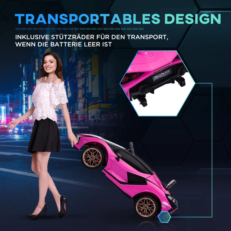 HOMCOM Elektryczny samochód dla dzieci, Lamborghini, 3-5 km/h, Pilot, dla dzieci 3-5 lat, Różowy