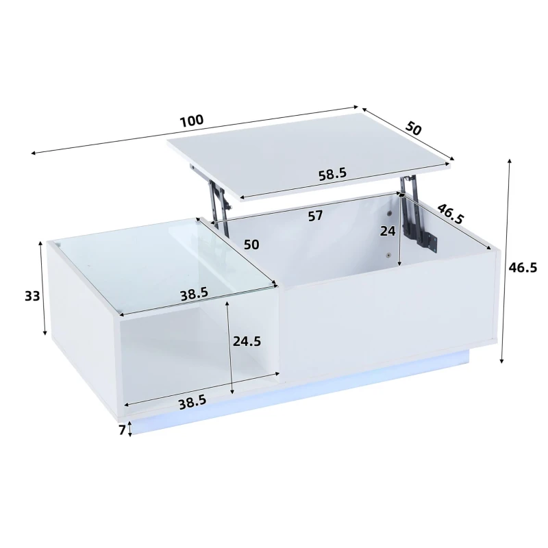 Tavolino da salotto regolabile in altezza a LED con spazio a scomparsa, 100x50x33 cm, Bianco
