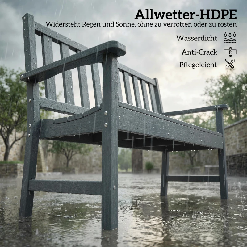 Outsunny Tuinbank 2-zits weerbestendig kunststof buitenbank met lattenontwerp houtlook rugleuning Grijs