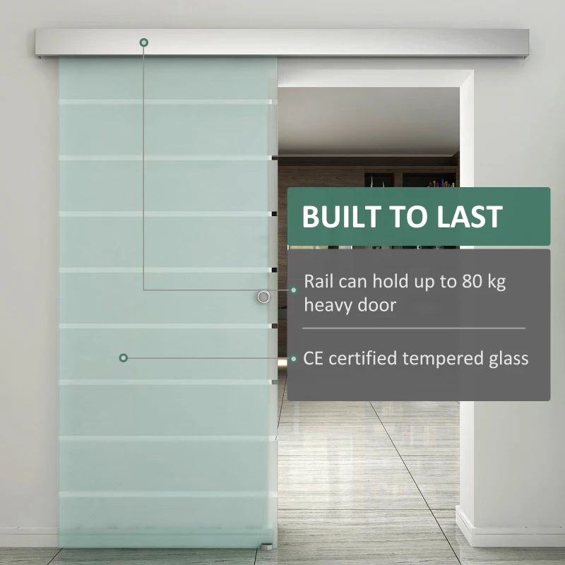 HOMCOM 90cm Sliding Glass Door with Hardware Track Kit, Frosted Tempered Glass with Stripe Pattern, Round Handle