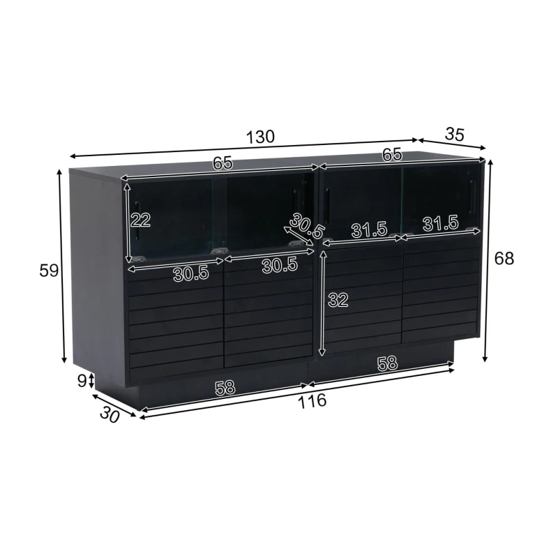 Credenza con illuminazione LED, frontale in vetro scorrevole dal movimento fluido, 130x35x68 cm, Nero