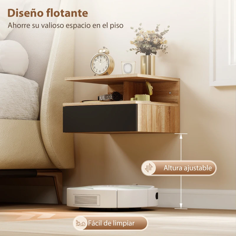 HOMCOM Juego de 2 Mesitas de Noche Flotantes, Mesillas de Noche Dormitorio con Cajón, Estante Abierto, Ahorra Espacio, Diseño Moderno, para Sala de Estar, 35x32x22,5 cm, Roble y Negro