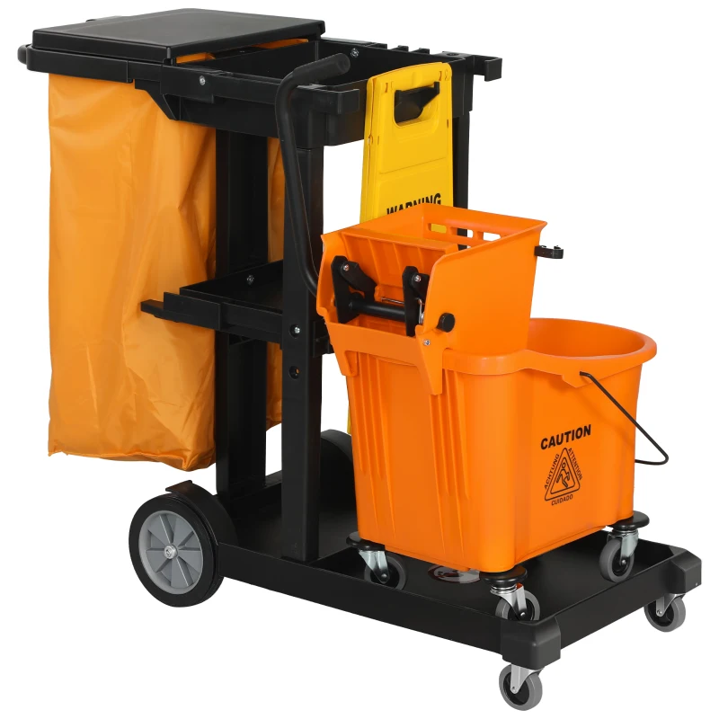 HOMCOM Carrinho de Limpeza: Rodas, 3 Prateleiras, Saco 70L, Balde com Espremedor.