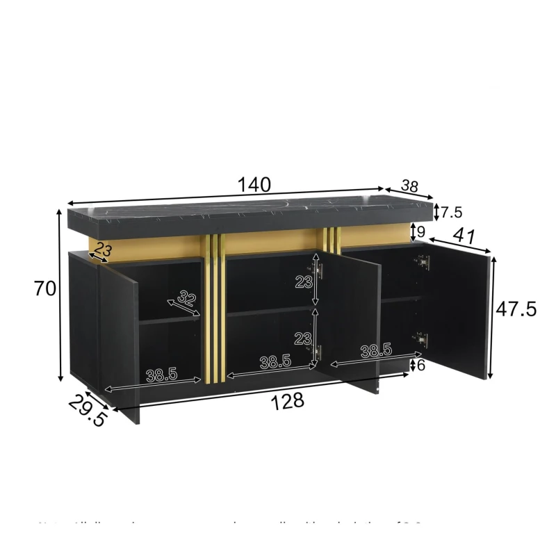Madia moderna, 3 ante con 6 ripiani regolabili, 140x38x70 cm, Nero