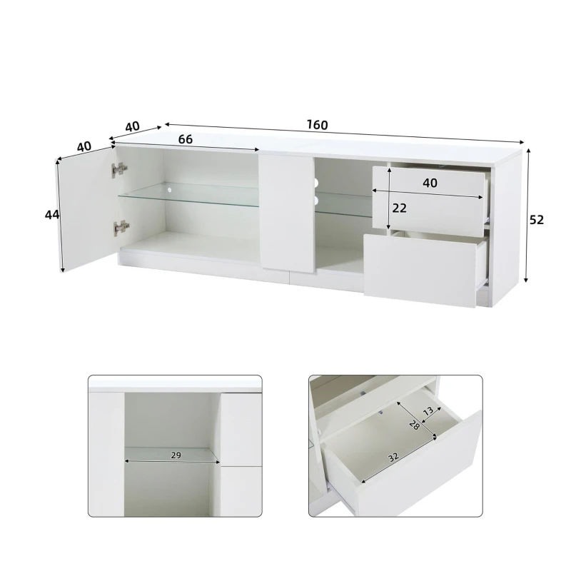 Mobile TV basso, illuminazione ambientale a LED, 2 cassetti, per soggiorno e camera da letto, 160L x 40P x 52A cm, Bianco