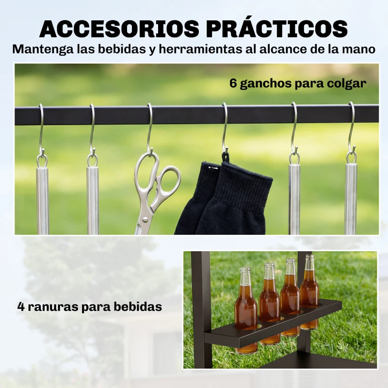 Outsunny Carrito de Barbacoa de 2 Niveles Mesa Auxiliar para Barbacoa Móvil con Ruedas Portabebidas Ganchos Asa Negro y Marrón