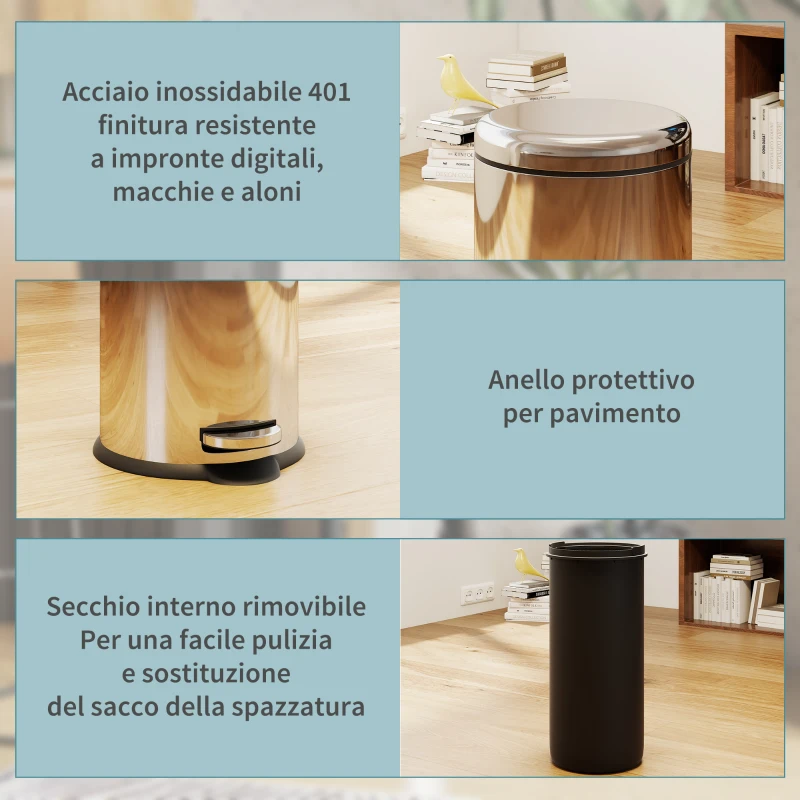 HOMCOM Bidone Pattumiera Pattumiera Cestino Capacità 30L a Pedale con Secchio Rimovibile Bagno Cucina Ф29.2 x 62.9cm Argento
