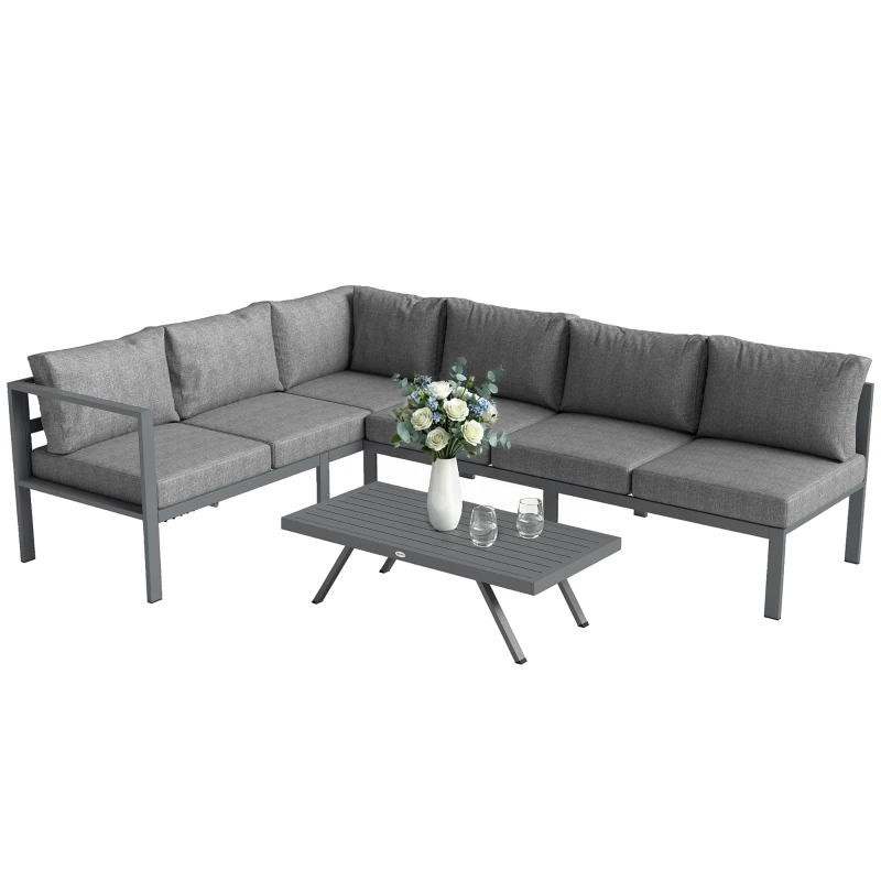 Outsunny 3 Pieces Garden Furniture Set, Aluminium Corner Lounge Set with Adjustable Backrest and Coffee Table