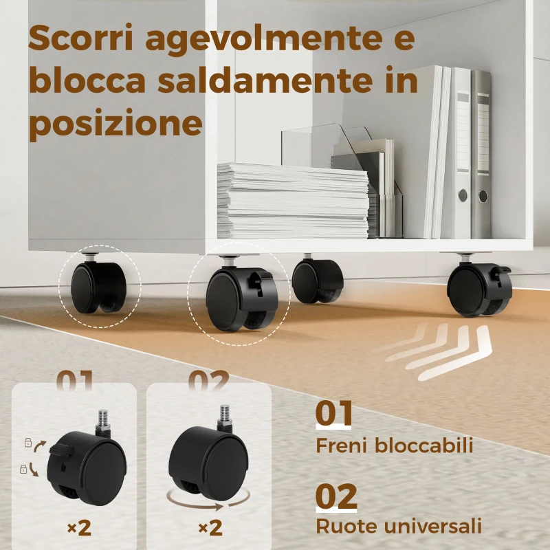 HOMCOM Mobile Porta Stampante in Legno con Ruote a Freno e 2 Scomparti Aperti, 40x35x55 cm, Bianco