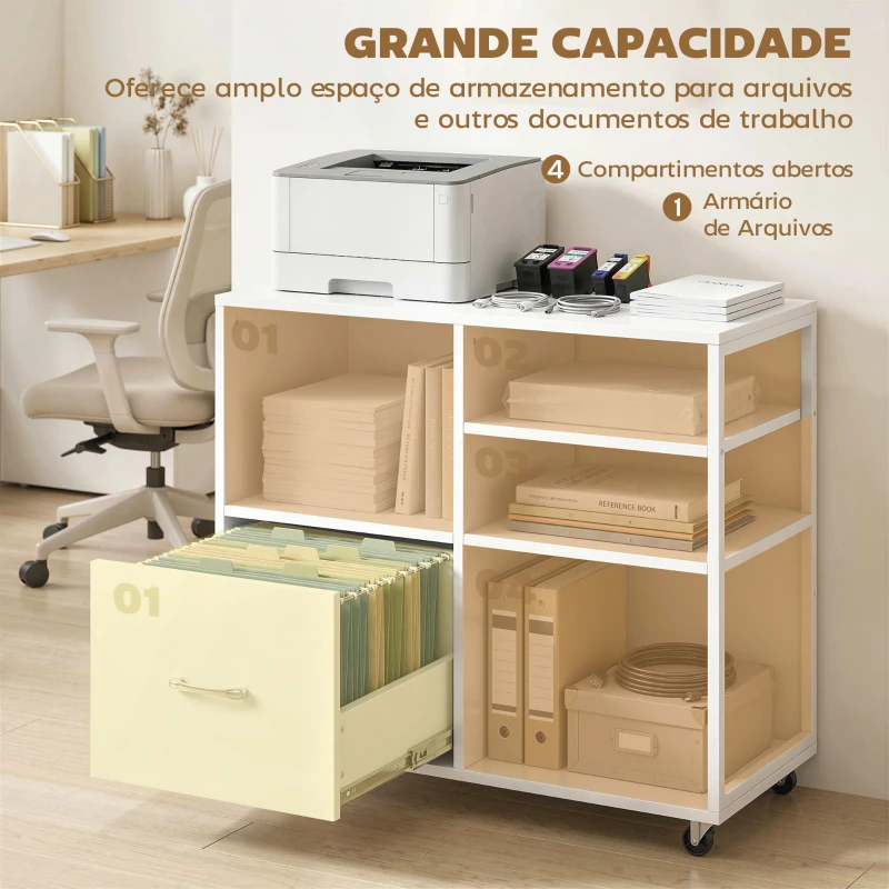 HOMCOM Móvel para Impressora com Rodas Móvel para Escritório com Prateleiras Abertas e Gaveta 80x40x65,5 cm Branco
