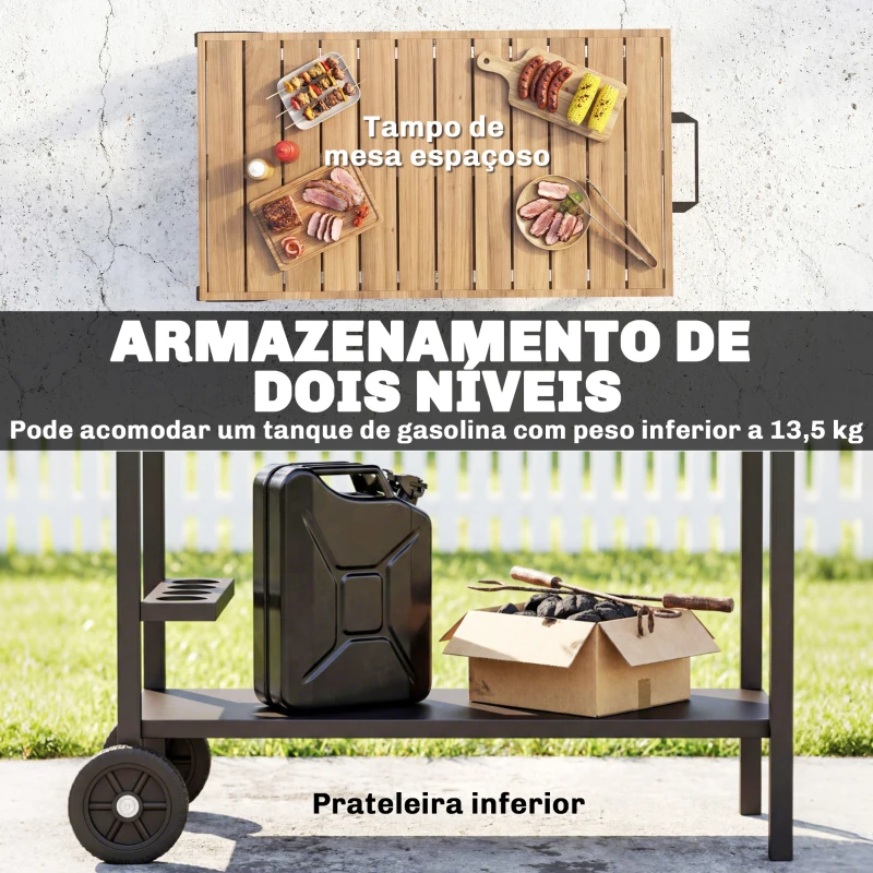 Outsunny Carrinho de Churrasco de 2 Níveis Mesa Auxiliar para Churrasco Móvel com Rodas Porta-bebidas Ganchos Pega Preto e Castanho