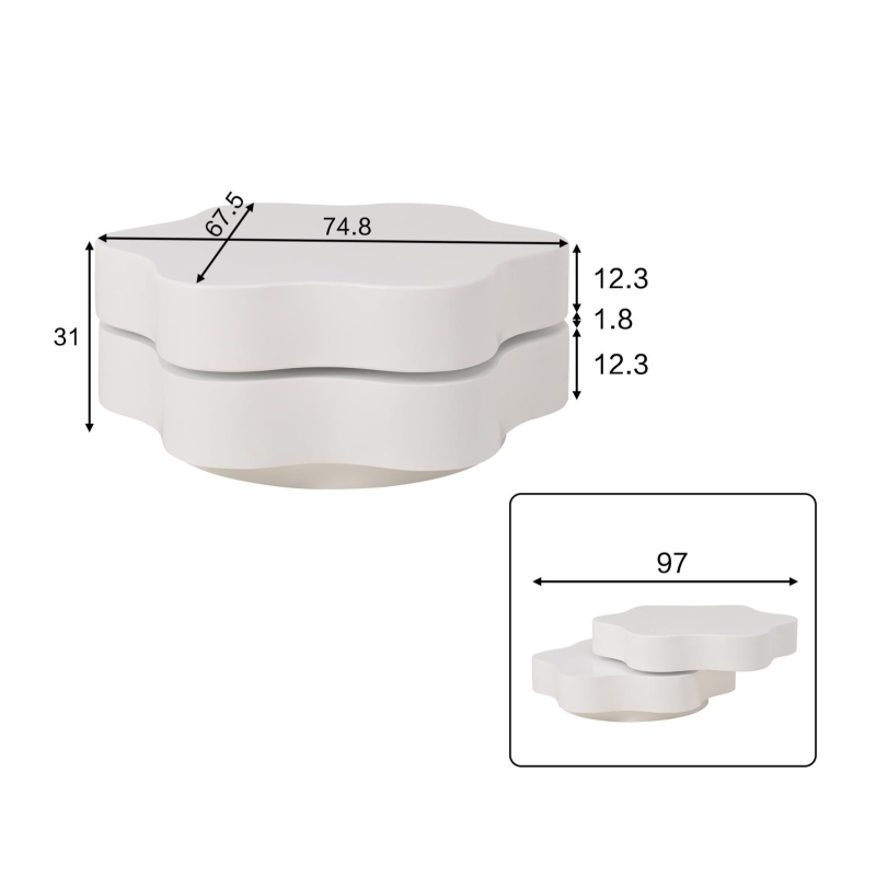 Tavolino da salotto a forma di fiore con piano girevole a 360° e 2 ripiani, 74.8x67.5x31 cm, Beige