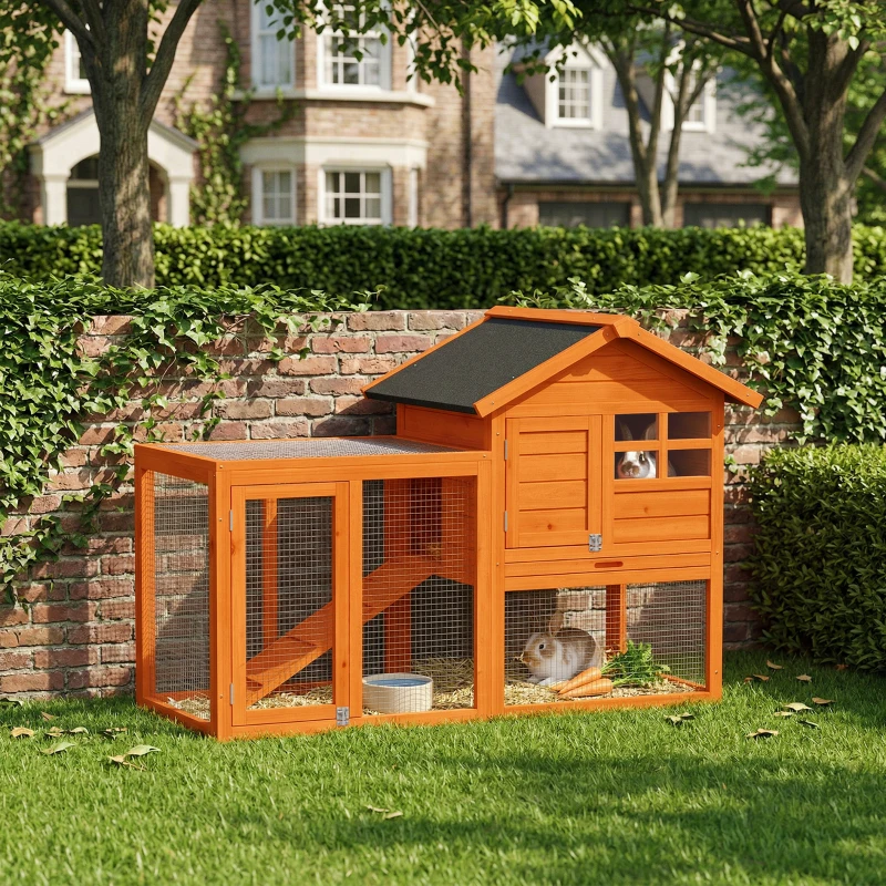 PawHut Clapier 2 étages Clapier pour lapins avec toit bitumé étanche, enclos extérieur, rampe, portes, bois 123,5x62,6x92,5 cm Orange