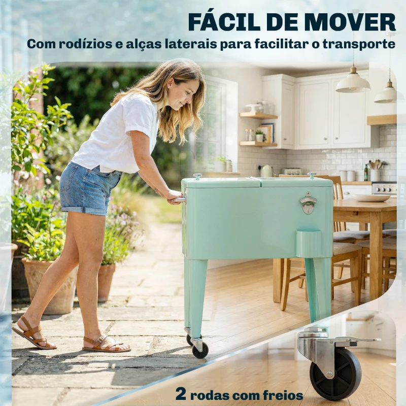 Outsunny Carro de Bebidas Refrigerado 56L com Rodas Abre-garrafas Coletor de Tampas e Alça para Jardim e Festas 75x35x78 cm Verde Claro