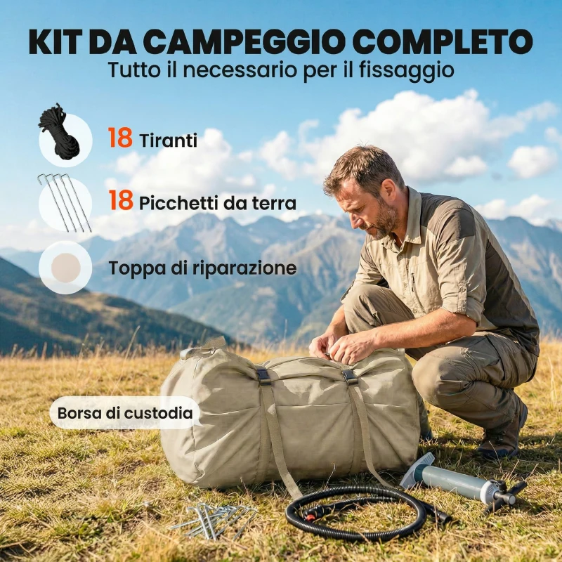Outsunny Tenda Campeggio 4 Stagioni Gonfiabile, Impermeabile 3000mm con Pompa, 3.2x2.3x2 m, Kaki