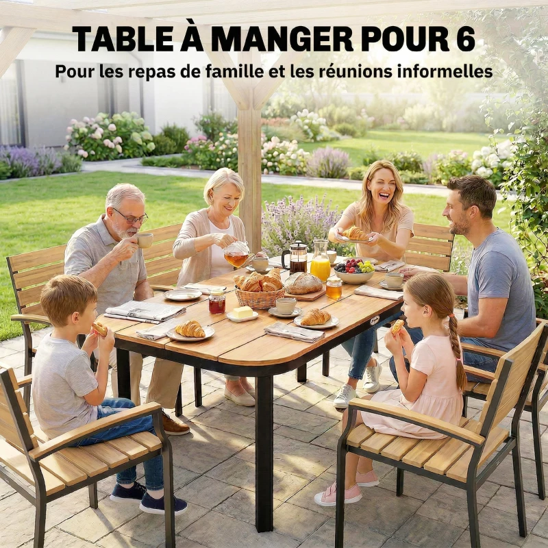 Outsunny Table de Jardin Rectangulaire pour 4-6 Personnes, Plateau en WPC à Lattes, Bords Arrondis, 155x88x72cm, Naturel