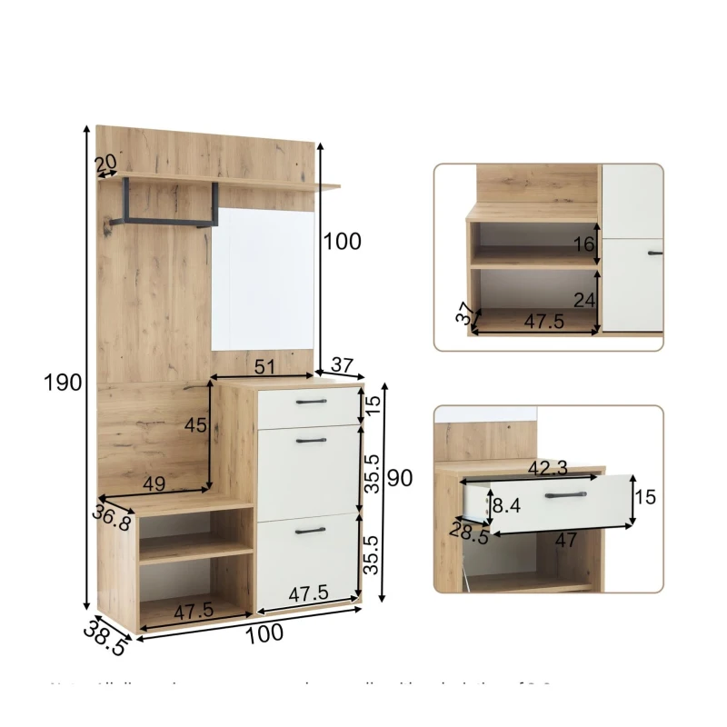 Mobile guardaroba con specchio e panca portascarpe, cassetto, 2 ante ribaltabili e 2 ripiani semiaperti, 100x38.5x190 cm, Bianco e Color legno