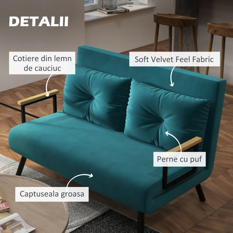 HOMCOM Canapea Pat Dublu 3 în 1 Catifelată cu Spătar Reglabil pe 5 Niveluri și Perne, Verde marin(m-6)