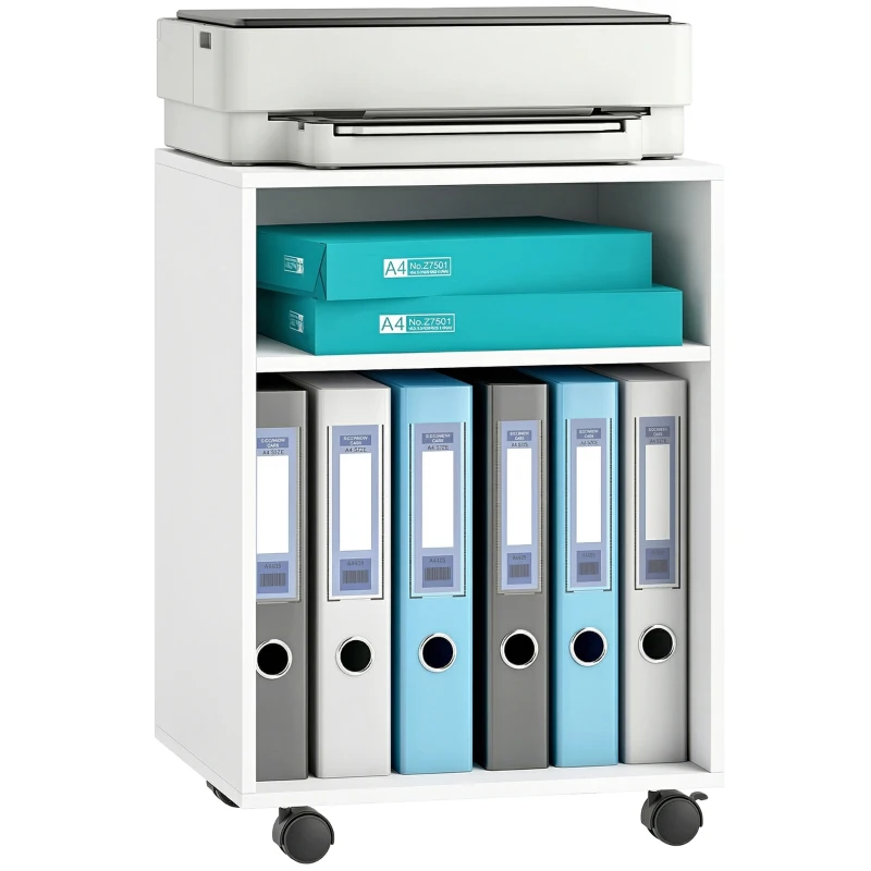 HOMCOM Support imprimante Table d'imprimante avec 2 étagères ouvertes roulettes verrouillables pour bureau maison Fax Scanner 40 x 35 x 56 cm Blanc