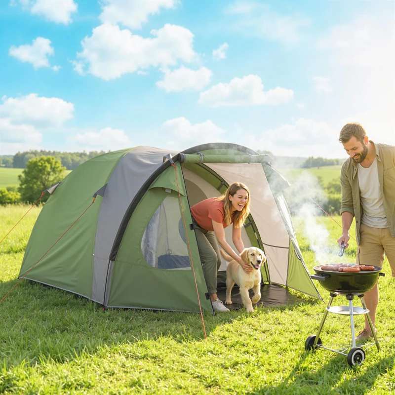 Outsunny Tente de Camping pour 4 Personnes, 2 Chambres, Fenêtres et Portes, Tapis de Sol, Crochet au Plafond, 323x248x150cm, Vert