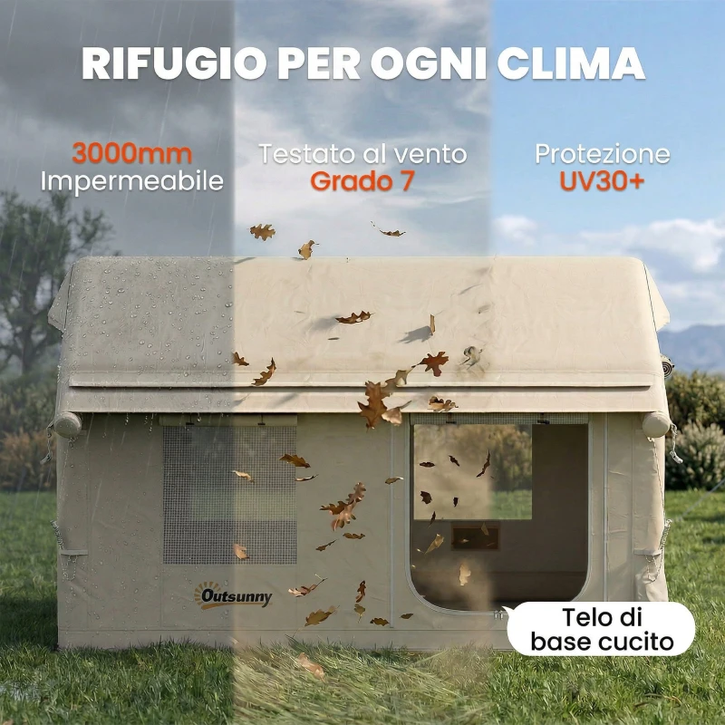 Outsunny Tenda Campeggio 4 Stagioni Gonfiabile, Impermeabile 3000mm con Pompa, 3.2x2.3x2 m, Kaki