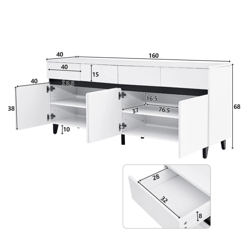 Madia laccata lucida, 4 cassetti, 2 ante con ripiani regolabili, 160x40x68 cm, Bianco