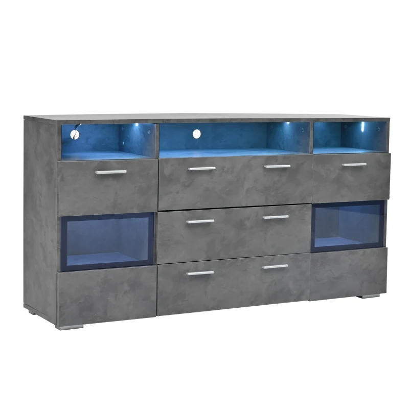 Credenza moderna, 3 cassetti e 3 vani a giorno, 140L x 33,5P x 72,5A cm, Grigio