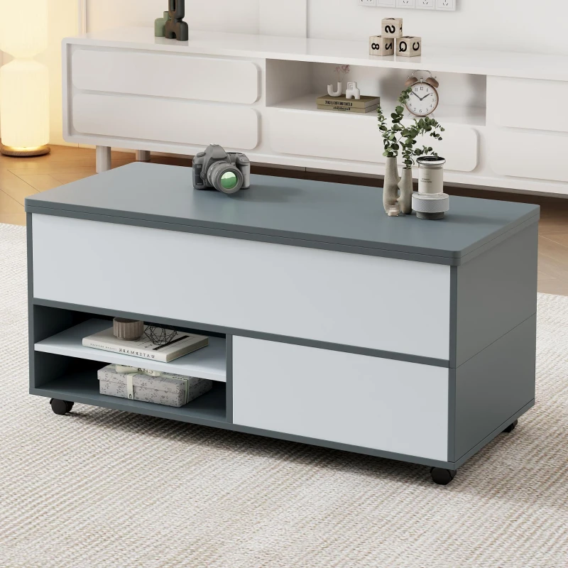 Tavolino da salotto regolabile in altezza con leva idraulica e 4 ruote girevoli, 100x98x65 cm, Grigio e Bianco