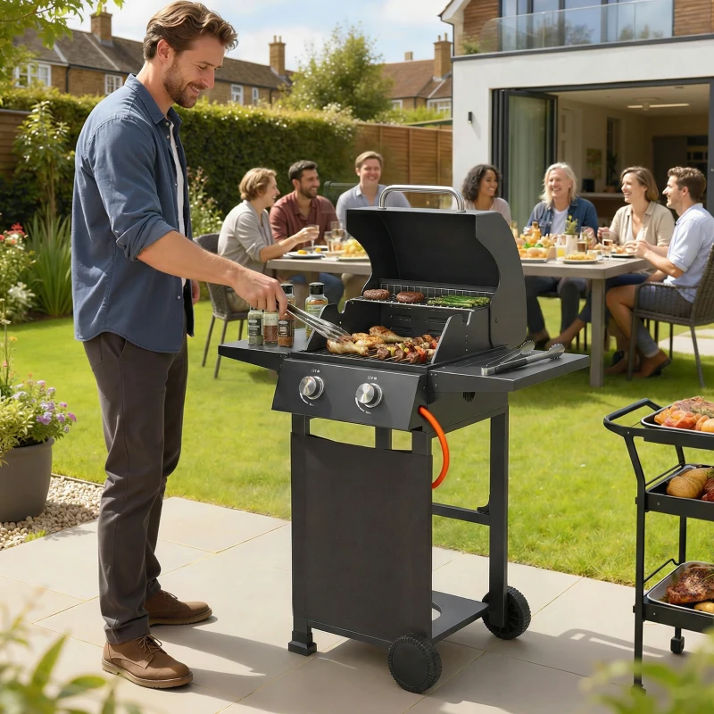 Outsunny Gasgrill 5,4 KW 2 Brenner Stahl BBQ Grillwagen inkl klappbar Seitentisch Thermometer verchromter Grillrost Warmhalterost
