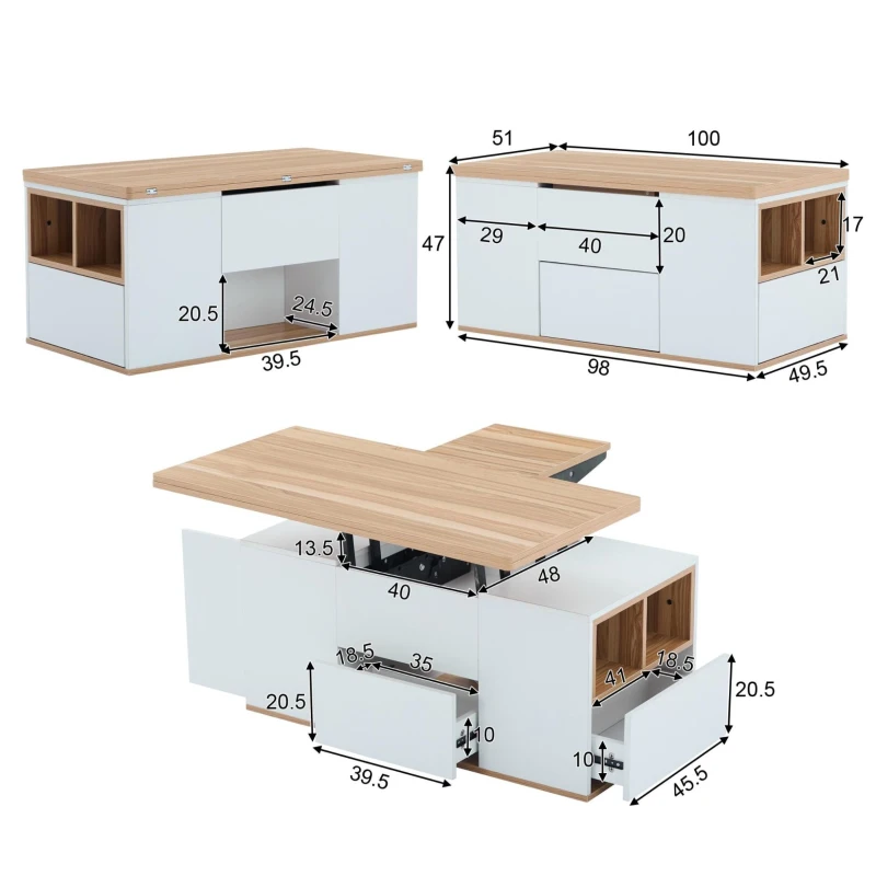 Tavolino multifunzione 2 in 1 regolabile in altezza con piano ribaltabile e vano portaoggetti, 100x51x47 cm, Bianco
