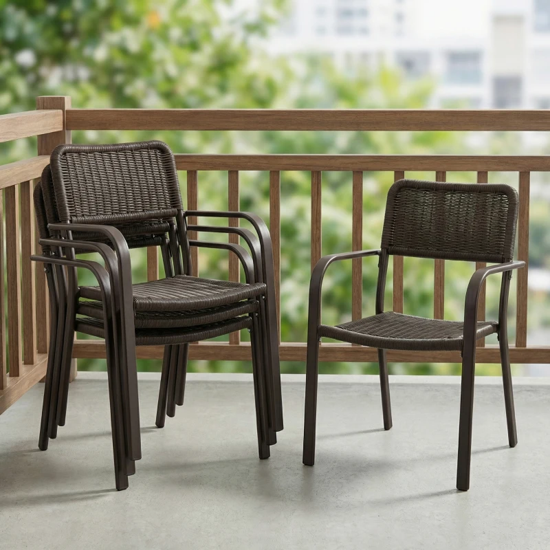 Outsunny Conjunto de 4 Cadeiras de Jardim Exterior Empilháveis com Apoios de Braços Encosto e Estrutura de Aço 55x60x83 cm Castanho Escuro