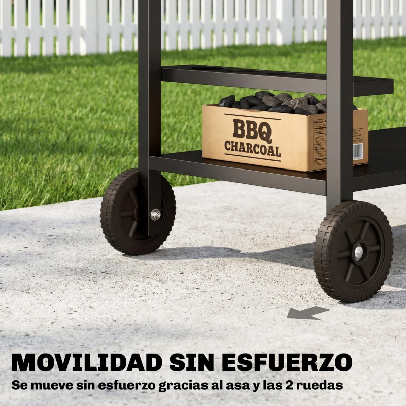 Outsunny Carrito de Barbacoa de 2 Niveles Mesa Auxiliar para Barbacoa Móvil con Ruedas Portabebidas Ganchos Asa Negro y Marrón
