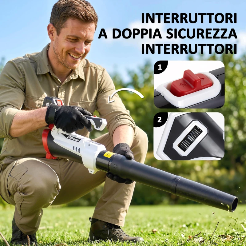 Outsunny Soffiatore per Foglie Cordless con Batteria da 4000mAh e Caricatore, 18V, Leggero con 6 Livelli di Velocità