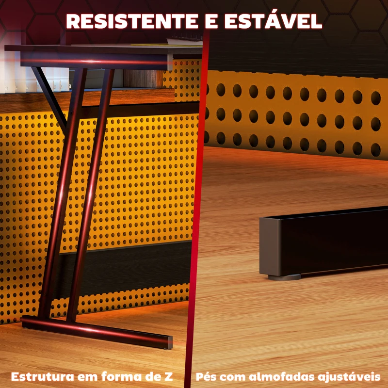 HOMCOM Secretária Gaming com Luzes LED 100x60 cm Tomadas de Corrente Suporte para Monitor Prateleiras e Comando Remoto Preto