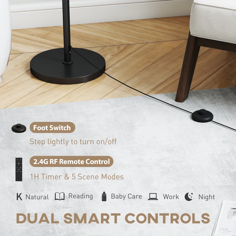 HOMCOM Floor Lamp with Remote, Height Adjustable Standing Lamp with Linen Shade, Dimmable with 3000K-6000K Adjustable Colour Temperatures, Foot Switch for Living Room Bedroom Office, Black