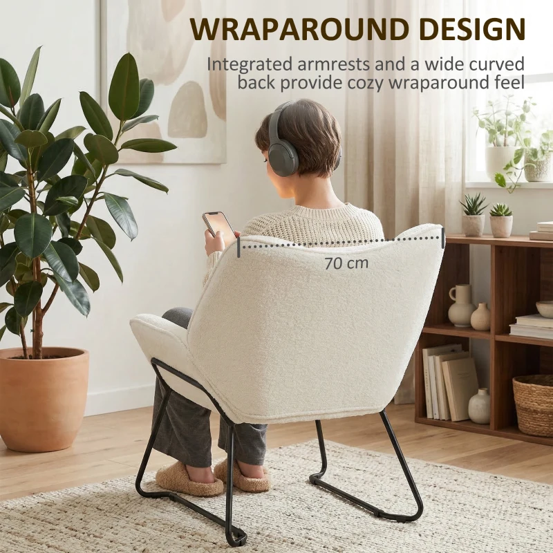 HOMCOM Moderner Akzentstuhl, Sherpa-Fleece gepolsterter Sessel mit breiter Rückenlehne und Stahlbeinen, einfache Montage, Weiß