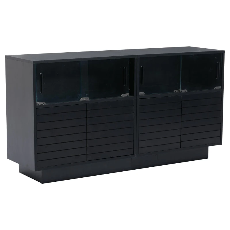 Credenza con illuminazione LED, frontale in vetro scorrevole dal movimento fluido, 130x35x68 cm, Nero