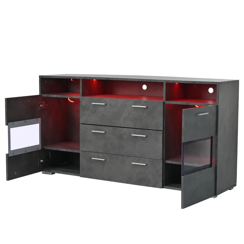 Credenza moderna, 3 cassetti e 3 vani a giorno, 140L x 33,5P x 72,5A cm, Grigio