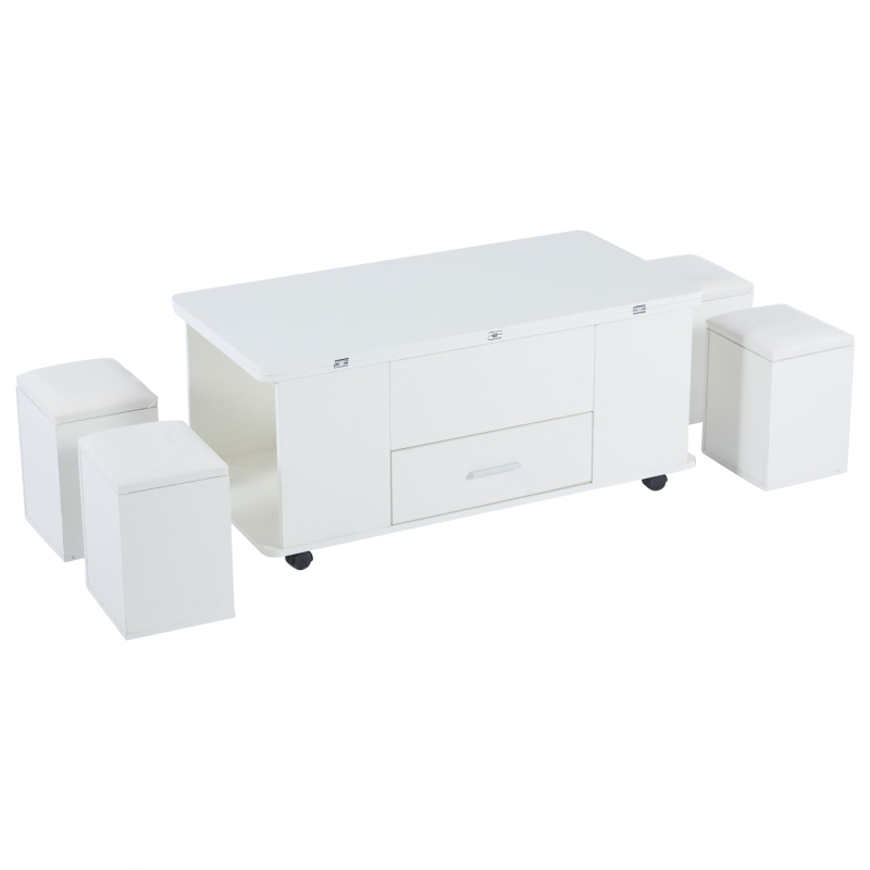 Tavolino multiuso con 4 sgabelli nascosti, 100x50x45 cm, Bianco