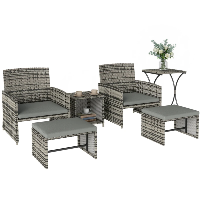 Outsunny 6 Piece Rattan Garden Furniture, Space-Saving Patio Furniture Set with Nesting Tables, Chairs, Stools, Cushions, Grey