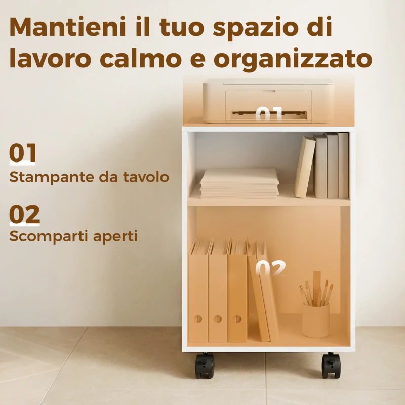 HOMCOM Mobile Porta Stampante in Legno con Ruote a Freno e 2 Scomparti Aperti, 40x35x55 cm, Bianco