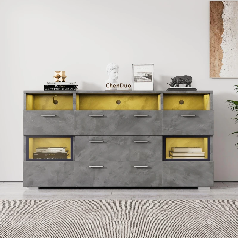 Credenza moderna, 3 cassetti e 3 vani a giorno, 140L x 33,5P x 72,5A cm, Grigio