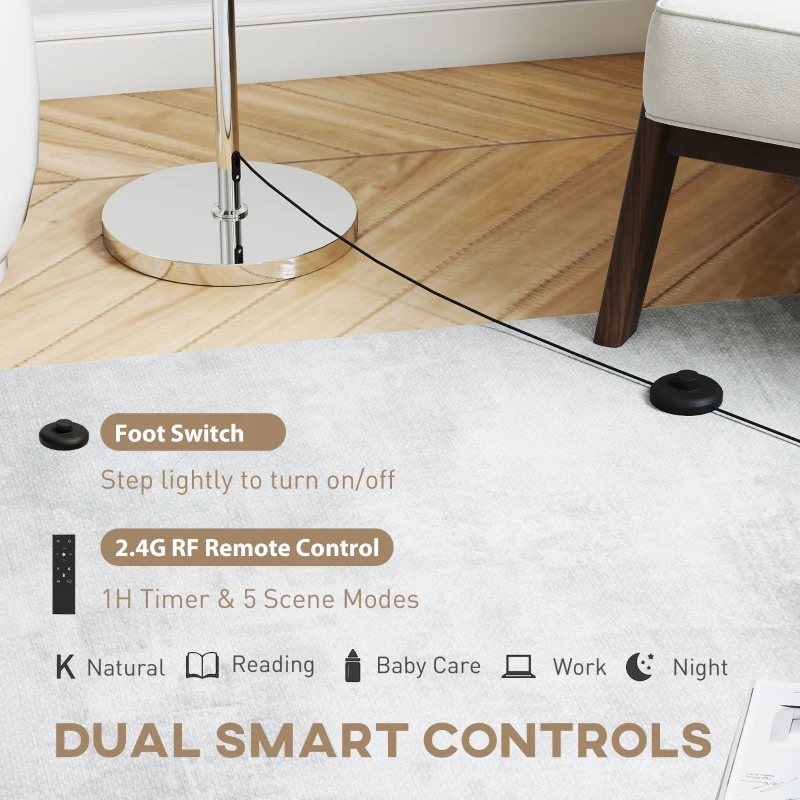 HOMCOM Floor Lamp with Remote, Height Adjustable Standing Lamp with Linen Shade, Dimmable with 3000K-6000K Adjustable Colour Temperatures, Foot Switch for Living Room Bedroom Office, Silver Tone