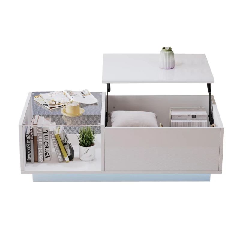 Tavolino da salotto regolabile in altezza a LED con spazio a scomparsa, 100x50x33 cm, Bianco