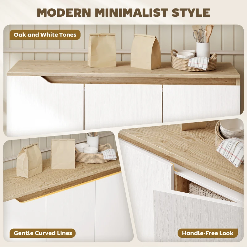 HOMCOM Sideboard Storage Cabinet, Kitchen Cupboard with 3 Doors, 2 Adjustable Shelves and 5 Rubberwood Legs, White and Oak